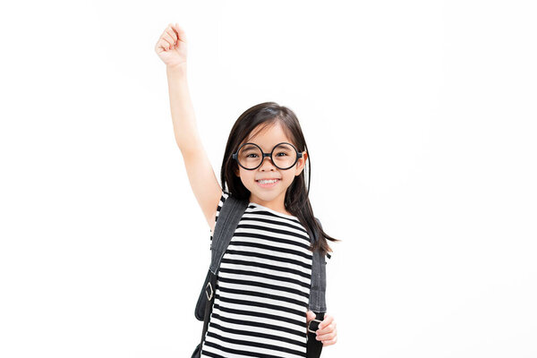 asian child girl carry backpack  isolated on white background