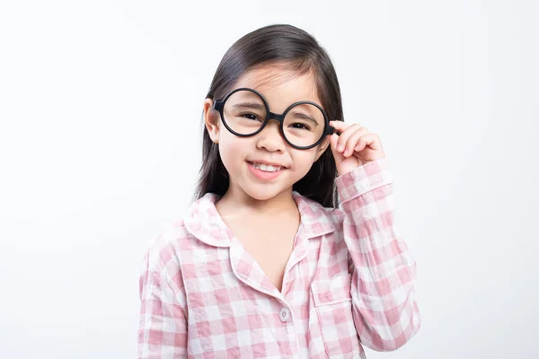 Little Girl Asian Wearing Glasses Pink Shirt White Background Stock Image