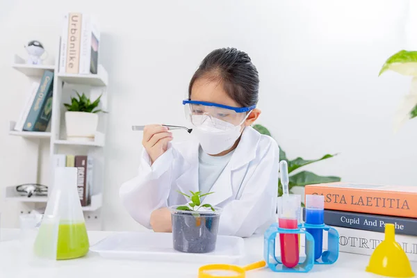 Gelukkig Azië Klein Meisje Met Kolven Voor Chemie Wetenschap Geïsoleerd — Stockfoto