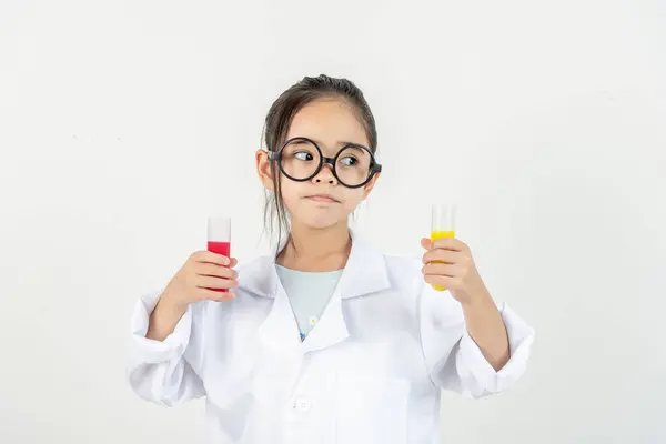 Education Science Children Concept Girl Goggles Magnifier Studying Test Tube — Stock Photo, Image