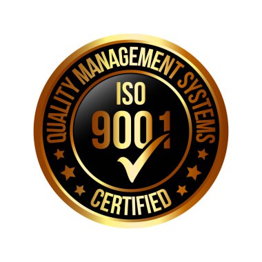 ISO 9001 Sertifikalı Lastik Damga, Rozet, Etiket, Logo, QMS Standart Vektör, Uluslararası Kalite Yönetim Sistemleri Onaylandı Çek İşaretli Amblem, İş Tasarım Elemanları Vektörü İllüstrasyonu
