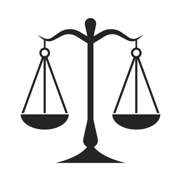 Символ суда и наказания, символ правосудия и судебного знака, икона баланса старых механических весов, векторная иллюстрация правил равных прав юридической фирмы