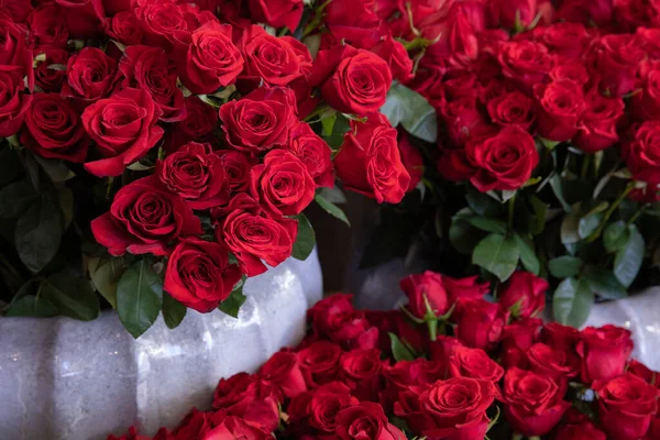 Różnorodność Świeżo Krojonych Czerwonych Róż Kwiaciarni Przygotowania Walentynek Poziomy Zbliżenie — Zdjęcie stockowe
