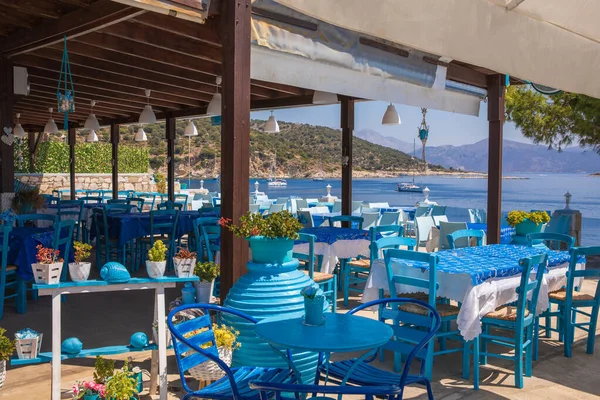 Taberna Griega Tradicional Azul Blanca Con Magníficas Vistas Mar Verano — Foto de Stock