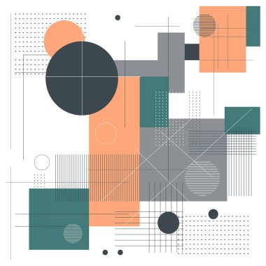 Çemberler, çizgiler, noktalar, kareler ve diğer şekillerle soyut geometrik arkaplan.