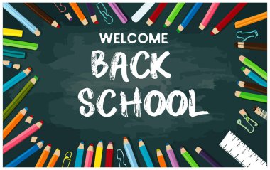 Renkli kalemlerle okul pankartına dön, okula dön.