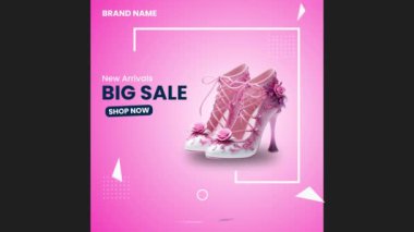 Pembe renkli Bayan Ayakkabı Ürünleri sosyal medya hikayeleri için pembe 4K video animasyon satışı pankartı tasarımı ekliyor. Gradyan örgü, geometrik şekiller ve sıvı şekilli modern arkaplan tasarımı. vektör illüstrasyonu