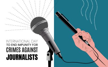 Uluslararası Gazetecilere Karşı Suçların Cezasızlığına Son Verme Günü. Dünya Basın Özgürlüğü Günü konsepti için yaratıcı vektör illüstrasyonu. Muhabir