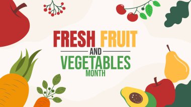 Doğal Ödül, Taze Meyve ve Sebze Ayı, arka plan, afiş, kart, poster, şablon. Vektör illüstrasyonu.