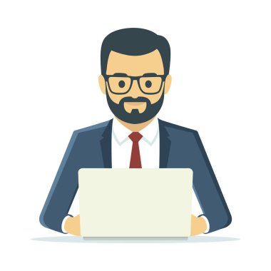 Bir dizüstü bilgisayar illüstrasyonu kullanan bir iş adamı