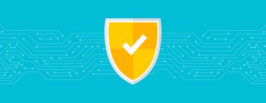 Ağ koruma kalkanı konsepti. Devre kartı elektronik dijital teknoloji afişi mavi olan teknoloji siber güvenliği