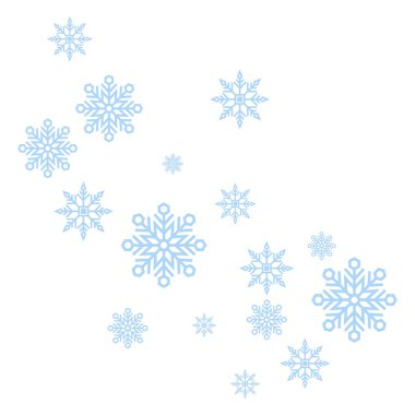 Kar tanesi seti. Düşen kar taneleri beyaz arka planda izole edilmiş Noel süslemeleri. Mavi kar taneleri saydam arkaplanda uçuyor