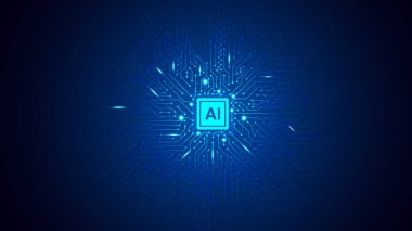 Soyut yonga işlemci devre kartı dijital dönüşüm mavi teknoloji arka planı. Yapay Zeka yongası devre kartında geleceğin teknolojisi için uygun fütüristik konseptte..