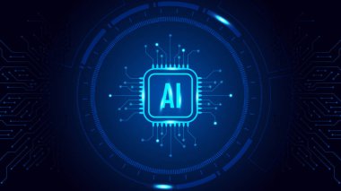 Yapay zeka fütüristik mikroçip işlemci devre kartı mavi ışık arka planı. Mikro çip çizgi vektörü. Dijital Teknoloji. Ana Kart, İşlemci, İşlemci ve Yapay Zeka Konsepti.