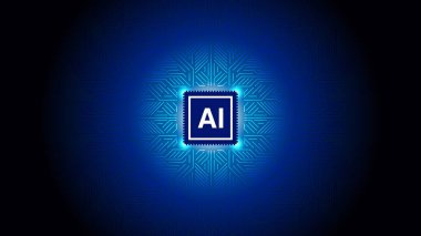 Yapay zeka yapay zeka siber geçmişi. Işık devre kartında parlak bir yapay zeka çipi var. Teknoloji mavi arka planda. Teknik bg 'deki işlemci ya da yarı iletken. Ana kartta bilgisayar mikroçipi