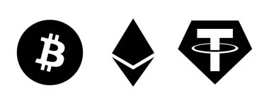 Kripto Para Birimi Simgesi. Siyah ve Beyaz 'da popüler kripto para birimi logoları. Bitcoin, Ethereum, USDT, XRP, Binance ve Solana