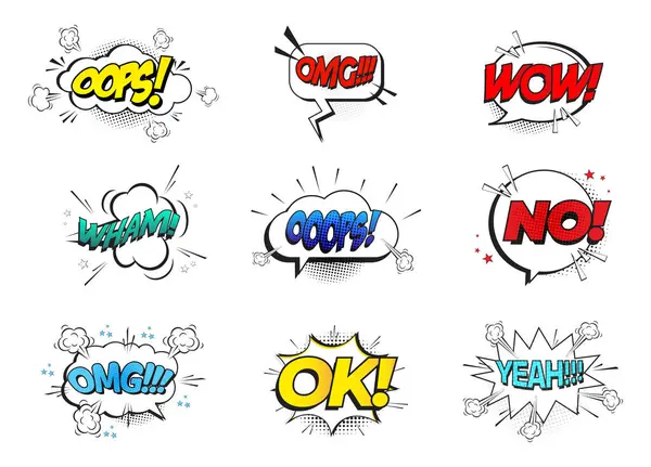 Komik konuşma balonu ifadeleri ayarlandı. Pop sanat koleksiyonu ile komik konuşma efekti şekli. Çizgi roman ses efekti. Vektör illüstrasyonu beyaz arkaplanda izole edildi