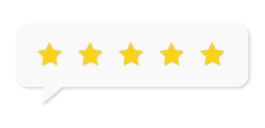 Beyaz arka planda beş yıldızlı konuşma balonu. Geribildirim, İnceleme ve bize not verme konsepti
