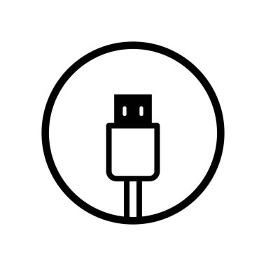 Siyah yuvarlak USB kablo simgesi, sertifikalı kablo işareti, basit teknoloji düz tasarım vektör piktogramı, uygulama logosu web düğmesi ui ux için bilgi arayüzü ögeleri beyaz arkaplan üzerinde izole
