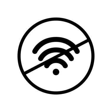 Siyah yuvarlak Wi-Fi simgesi yok, dijital sinyal Wi-Fi düz tasarım vektör piktogramı dairesi yok, uygulama logosu web sitesi düğmesi için bilgi arayüzü ögeleri beyaz arkaplanda izole edilmiş.