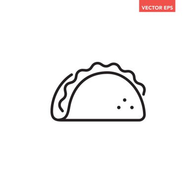 Siyah tek tako çizgisi simgesi, basit taslak lezzetli taze Meksika katlanmış kabuklu yiyecek düz tasarım pictogram, uygulama logosu web düğmesi için bilgi vektörü ui ux arayüzü elementleri beyaz arkaplanda izole edildi