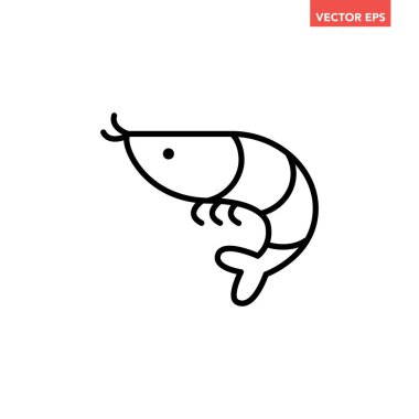 Siyah tek karides çizgisi simgesi, basit deniz ürünleri tasarımı düz tasarım pictogram, uygulama logosu web sitesi düğmesi ui ux arayüzü elementleri için infografik vektör beyaz arkaplan üzerinde izole