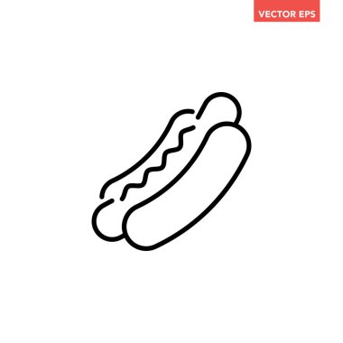 Siyah tek hot dog ince çizgi simgesi, basit sokak yiyecekleri ana hatları düz tasarım pictogram, uygulama logosu için infografik vektör ui ux arayüzü beyaz arkaplan üzerinde izole