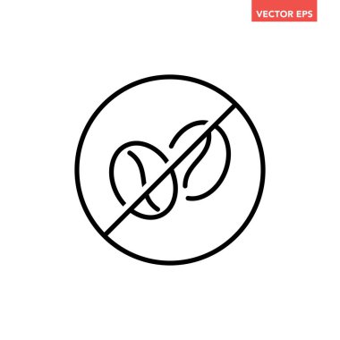 Siyah tek yuvarlak kafeinsiz rozet çizgisi simgesi, basit alerji malzemesi işaretli düz tasarım pictogram içermiyor, uygulama logosu web düğmesi ui ux arayüzü için infografik vektör beyaz arkaplanda izole edilmiş