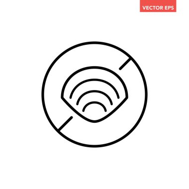 Siyah yuvarlak Wi-Fi simgesi yok, dijital sinyal Wi-Fi düz tasarım vektör piktogramı dairesi yok, uygulama logosu web sitesi düğmesi için bilgi arayüzü ögeleri beyaz arkaplanda izole edilmiş.
