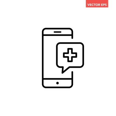 Siyah tek TeleHealth line simgesi, basit dijital sağlık ekranı düz tasarım pictogram, ad uygulamaları için infografik vektör logo web sitesi düğmesi ui ux arayüz elementleri beyaz arkaplan üzerinde izole