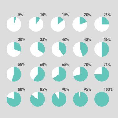 Bilgi parçacıkları / segment simgeleri seti% 10 -% 100, basit düz tasarım veri arayüzü ögeleri yükleme uygulaması ui ux Web, beyaz arkaplan üzerinde izole vektör