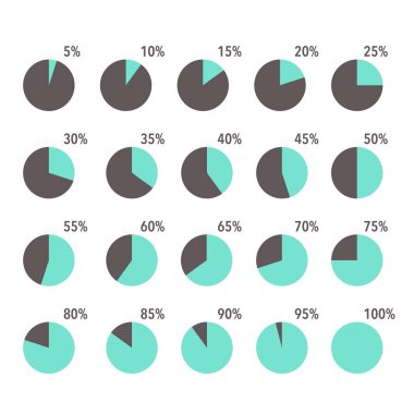 Bilgi parçacıkları / segment simgeleri seti% 10 -% 100, basit düz tasarım veri arayüzü ögeleri yükleme uygulaması ui ux Web, beyaz arkaplan üzerinde izole vektör