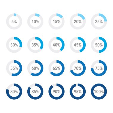 Bilgi parçacıkları / segment simgeleri seti% 10 -% 100, basit düz tasarım veri arayüzü ögeleri yükleme uygulaması ui ux Web, beyaz arkaplan üzerinde izole vektör