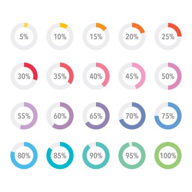 Bilgi parçacıkları / segment simgeleri seti% 10 -% 100, basit düz tasarım veri arayüzü ögeleri yükleme uygulaması ui ux Web, beyaz arkaplan üzerinde izole vektör