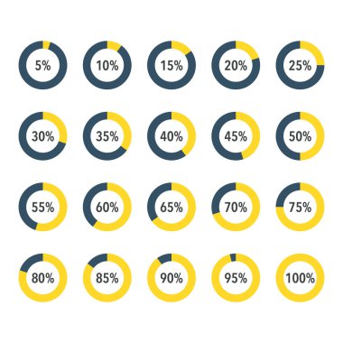 Bilgi parçacıkları / segment simgeleri seti% 10 -% 100, basit düz tasarım veri arayüzü ögeleri yükleme uygulaması ui ux Web, beyaz arkaplan üzerinde izole vektör