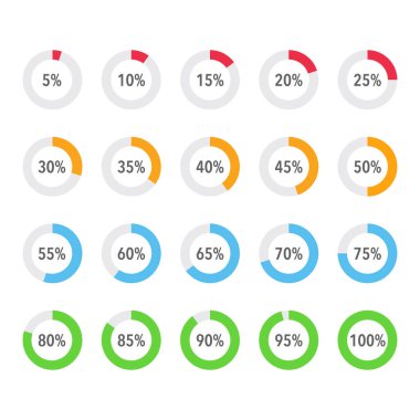 Bilgi parçacıkları / segment simgeleri seti% 10 -% 100, basit düz tasarım veri arayüzü ögeleri yükleme uygulaması ui ux Web, beyaz arkaplan üzerinde izole vektör
