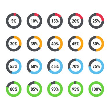 Bilgi parçacıkları / segment simgeleri seti% 10 -% 100, basit düz tasarım veri arayüzü ögeleri yükleme uygulaması ui ux Web, beyaz arkaplan üzerinde izole vektör