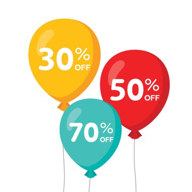 % 30% 50 indirimli, 3 renkli uçan balon% 70 indirimli düz tasarım, kırmızı yeşil sarı. Uygulama reklamları için modern vektör simgesi web pankart düğmesi ui ux arayüz elementleri beyaz arkaplanda izole