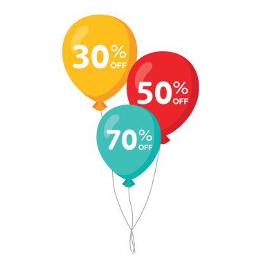 % 30% 50 indirimli, 3 renkli uçan balon% 70 indirimli düz tasarım, kırmızı yeşil sarı. Uygulama reklamları için modern vektör simgesi web pankart düğmesi ui ux arayüz elementleri beyaz arkaplanda izole