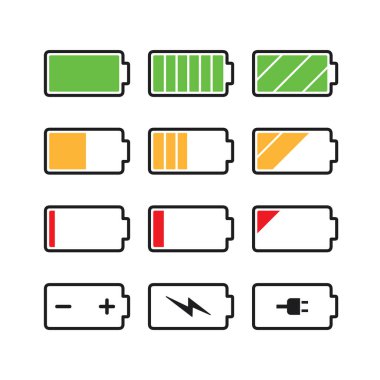 Farklı kapasitede ui pil simgeleri kümesi, vektör illüstrasyonu