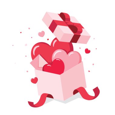 Beyaz arka planda izole edilmiş kurdele yayı ve kalpleri olan hediye kutusu