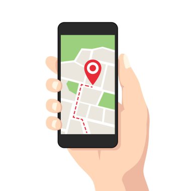 Elinde harita ve işaret olan siyah dijital akıllı telefon, düz tasarım mobil GPS navigasyon ve uygulama reklamları için grafik çizim vektörünü takip eden beyaz arkaplan üzerinde izole edilmiş web banner ui ux arayüzü
