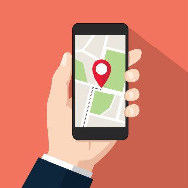 Elinde harita & işaretleyici bulunan siyah dijital akıllı telefon, düz tasarım GPS navigasyonu, uygulama reklamları için mobil grafik vektörü, turuncu arkaplanda izole edilmiş web banner ui ux arayüzü