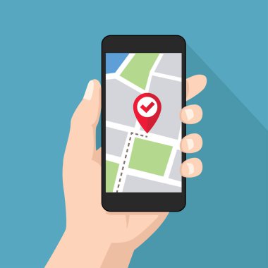 El ele tutuşan akıllı telefon ve GPS konumu. düz vektör illüstrasyonu