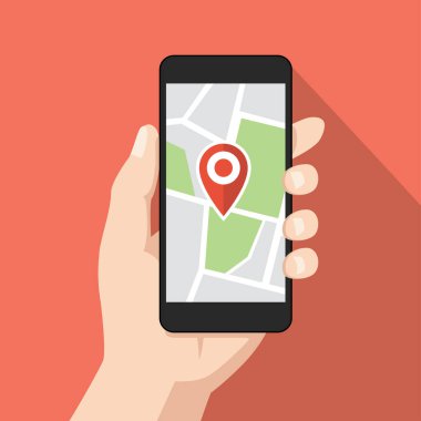 Elinde harita & işaretleyici bulunan siyah dijital akıllı telefon, düz tasarım mobil GPS navigasyon ve uygulama reklamları için grafik çizim vektörü, turuncu arkaplan üzerinde izole edilmiş web banner ui ux arayüzü