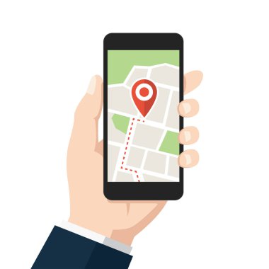 El ele tutuşan akıllı telefon ve GPS konumu. düz vektör illüstrasyonu