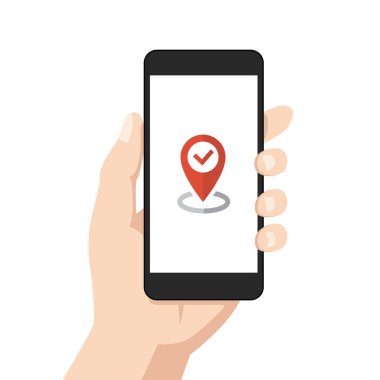 El ele tutuşan akıllı telefon ve GPS konumu. düz vektör illüstrasyonu