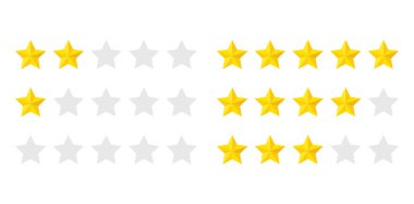 Altın derecelendirme yıldızları inceleme ya da geri bildirim kümesi koleksiyonu. Bir, iki, üç, dört, beş yıldız. Uygulama ui ux web pankart vektörü için dijital grafik sembolü düz tasarım arayüzü çizim elementleri beyaz arkaplanda izole edilmiş