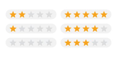Altın derecelendirme yıldızları inceleme ya da geri bildirim kümesi koleksiyonu. Bir, iki, üç, dört, beş yıldız. Uygulama ui ux web pankart vektörü için dijital grafik sembolü düz tasarım arayüzü çizim elementleri beyaz arkaplanda izole edilmiş