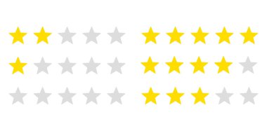 Altın derecelendirme yıldızları inceleme ya da geri bildirim kümesi koleksiyonu. Bir, iki, üç, dört, beş yıldız. Uygulama ui ux web pankart vektörü için dijital grafik sembolü düz tasarım arayüzü çizim elementleri beyaz arkaplanda izole edilmiş